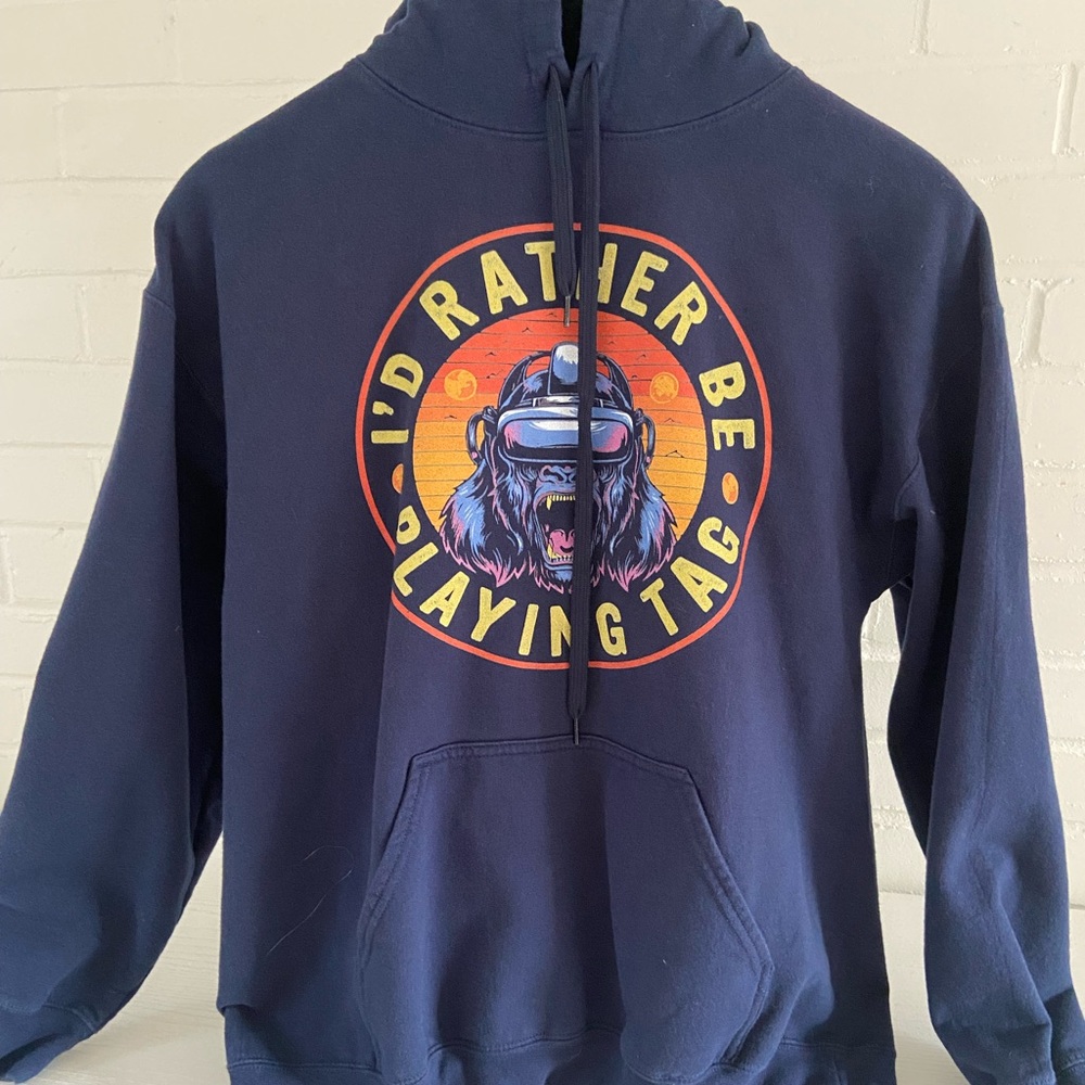 Mens Navy Graphic Hoodie Sweatshirt  “I’d Rather Be Playing Tag” Gildan Size L